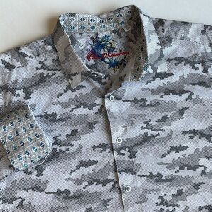 Rare Robert Graham White Gray Camo Flip Cuff‎ Classic Fit Cotton Shirt Men’s XL